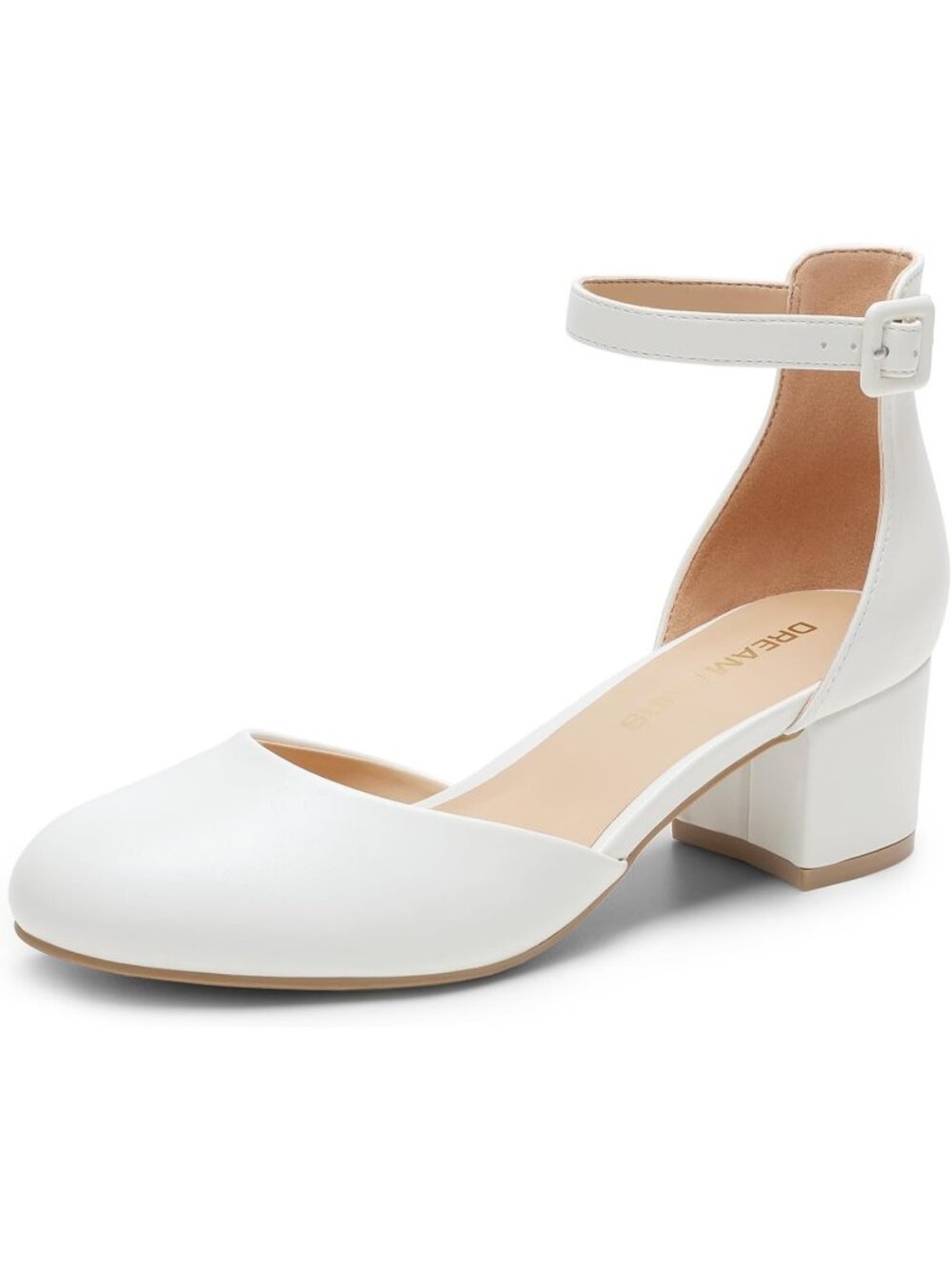 Women's White Closed Round Toe Ankle Strap Low Chunky Block Heels Pumps Shoes